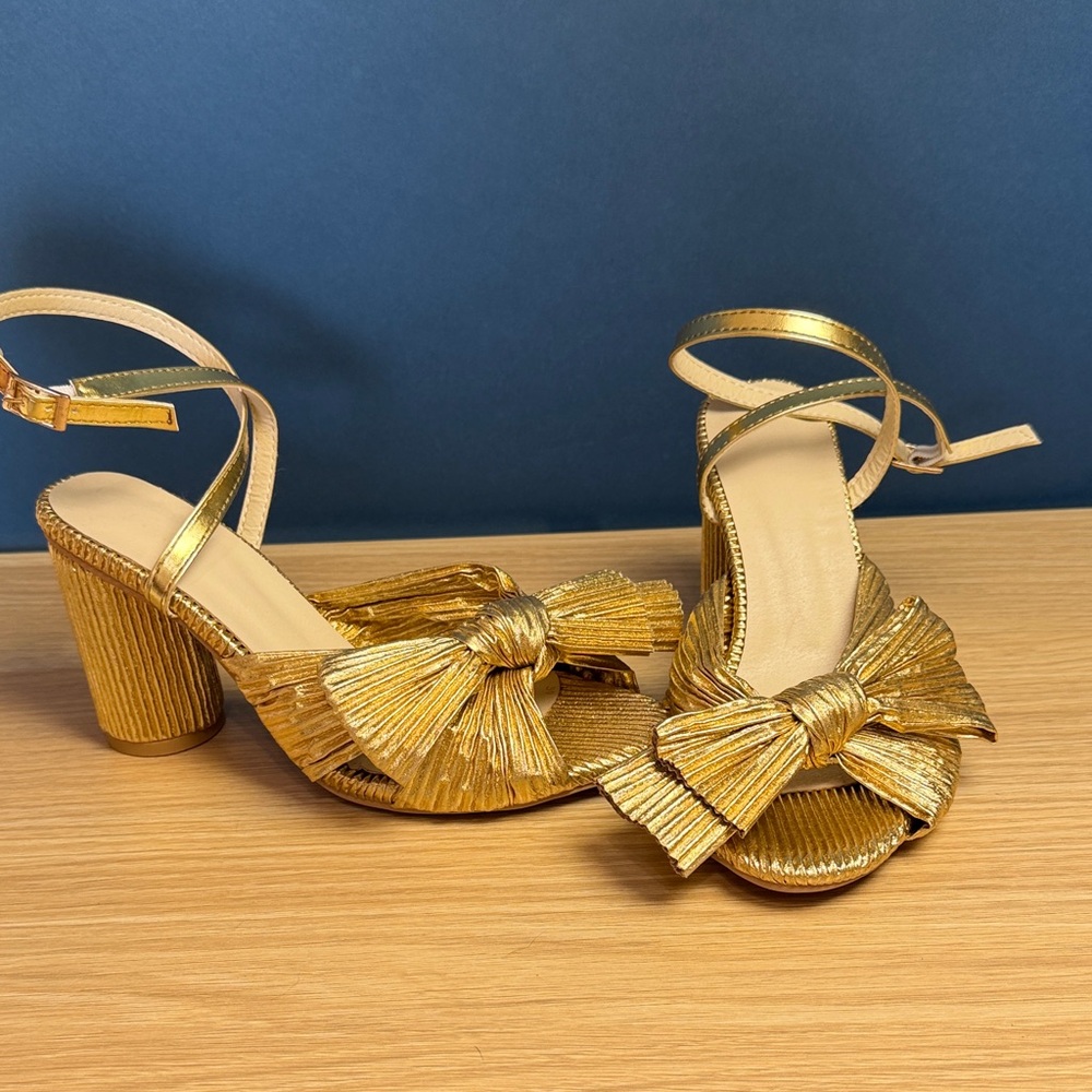Gold Bow Block Heel Sandals with Ankle Strap